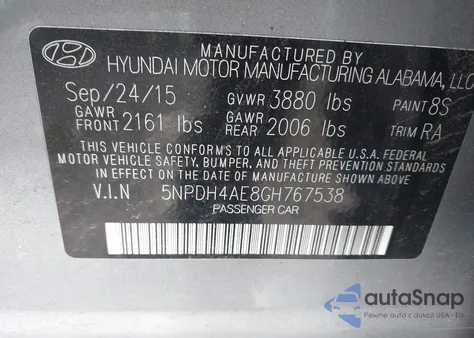 2016 Hyundai Elantra Se из США, поврежденный, VIN 5NPDH4AE8GH767538